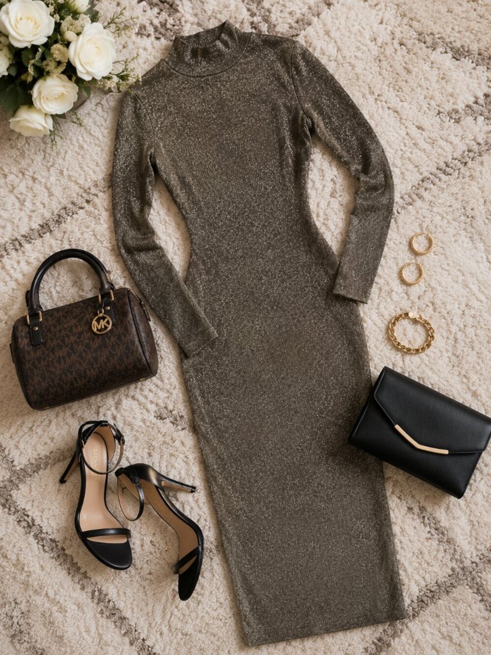 Michael Michael Kors Metallic Knit Mock Neck Midi Dress Size Large Nwt Party